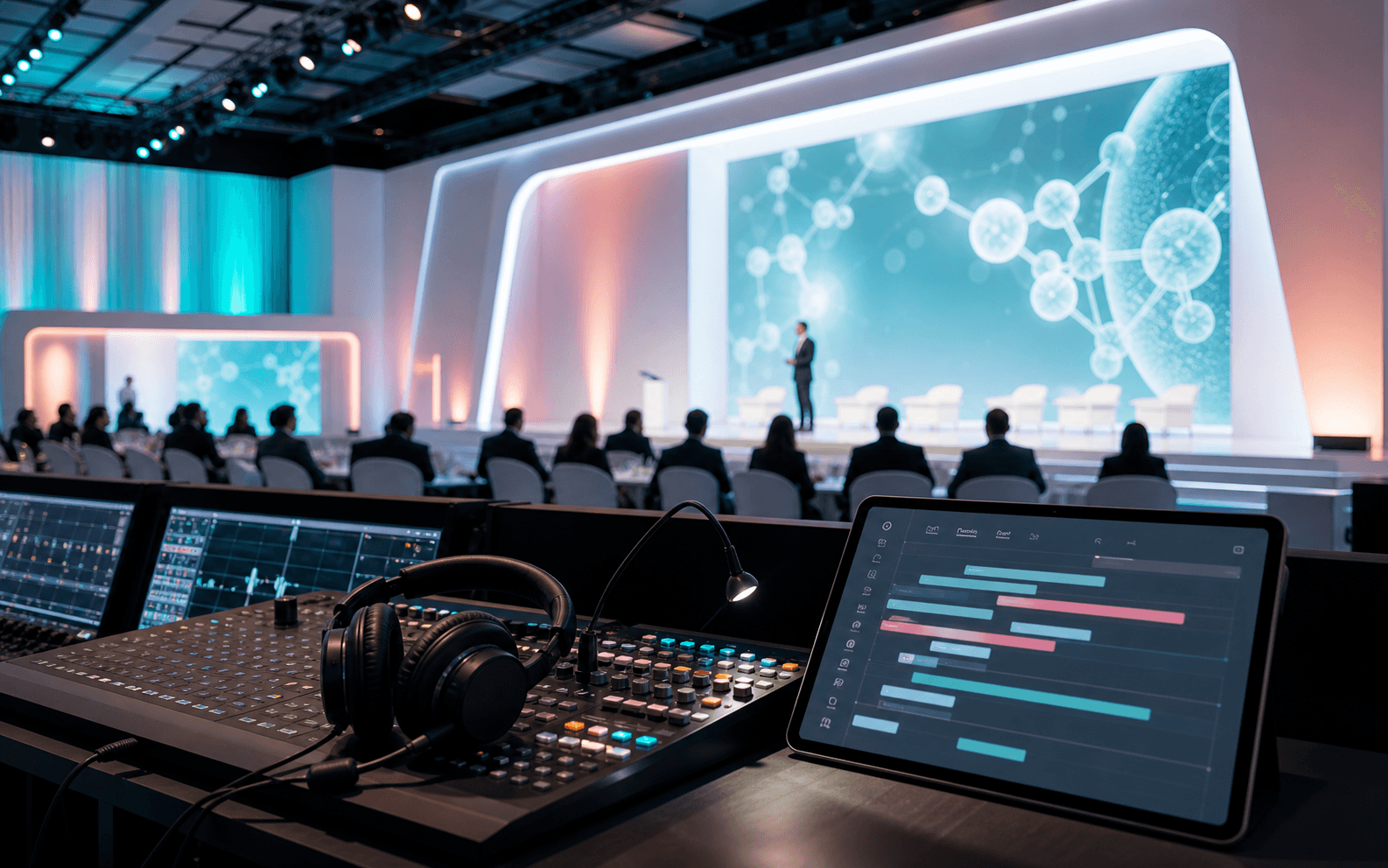 A pharmaceutical event production desk overlooking a conference stage